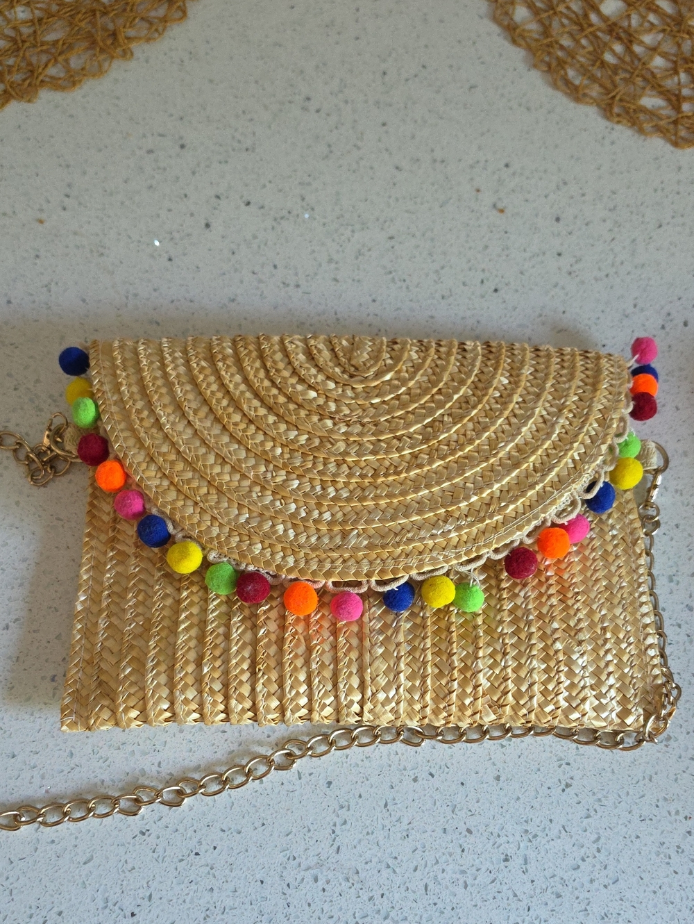 Straw Pom-Pom Crossbody Clutch - Natural